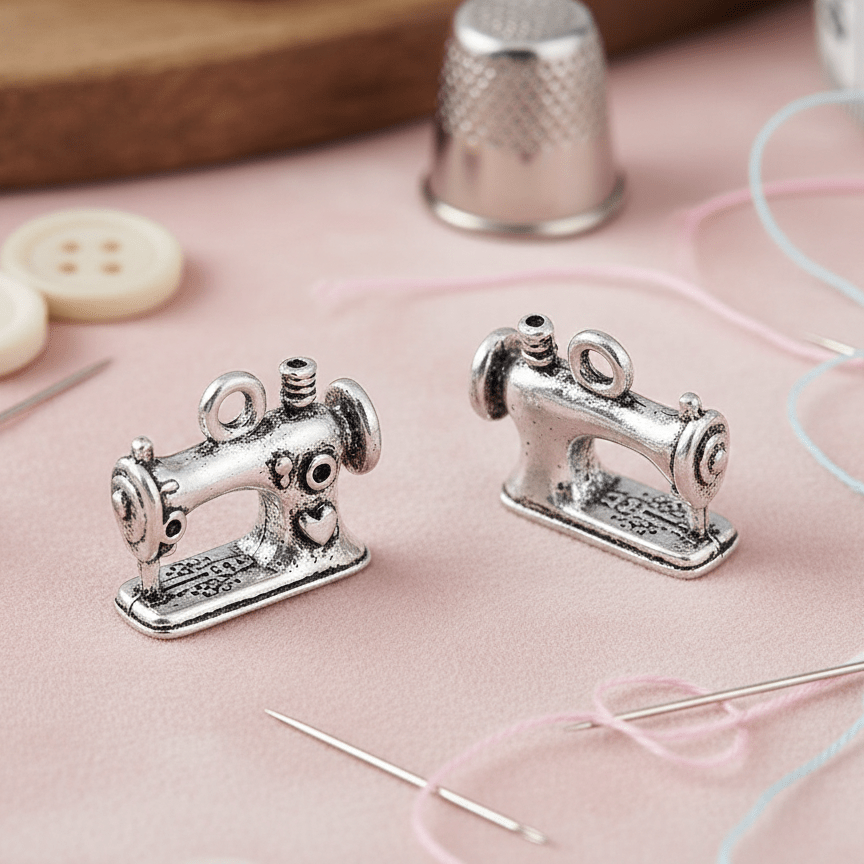 Attēls ar Metāla kulons,dekors – šujmašīna 13 × 16 mm – pieejams Šarlotes audumi