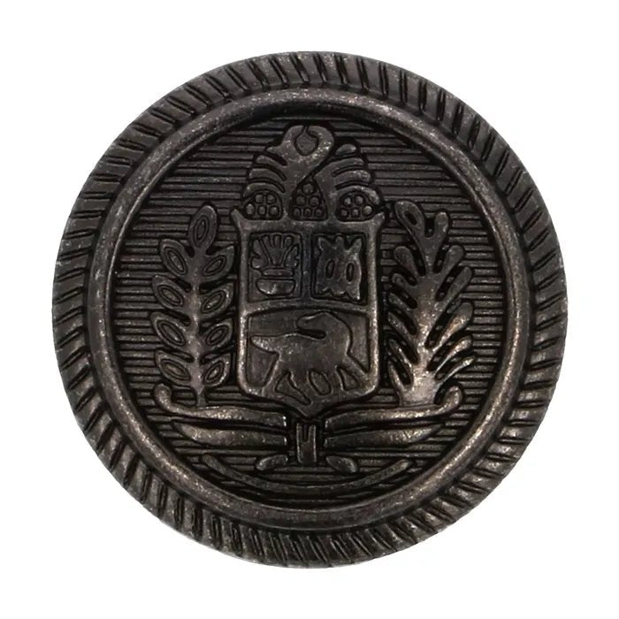 Metal button with coat of arms motif, 15 mm, antique silver color – available at Charlotte Fabrics