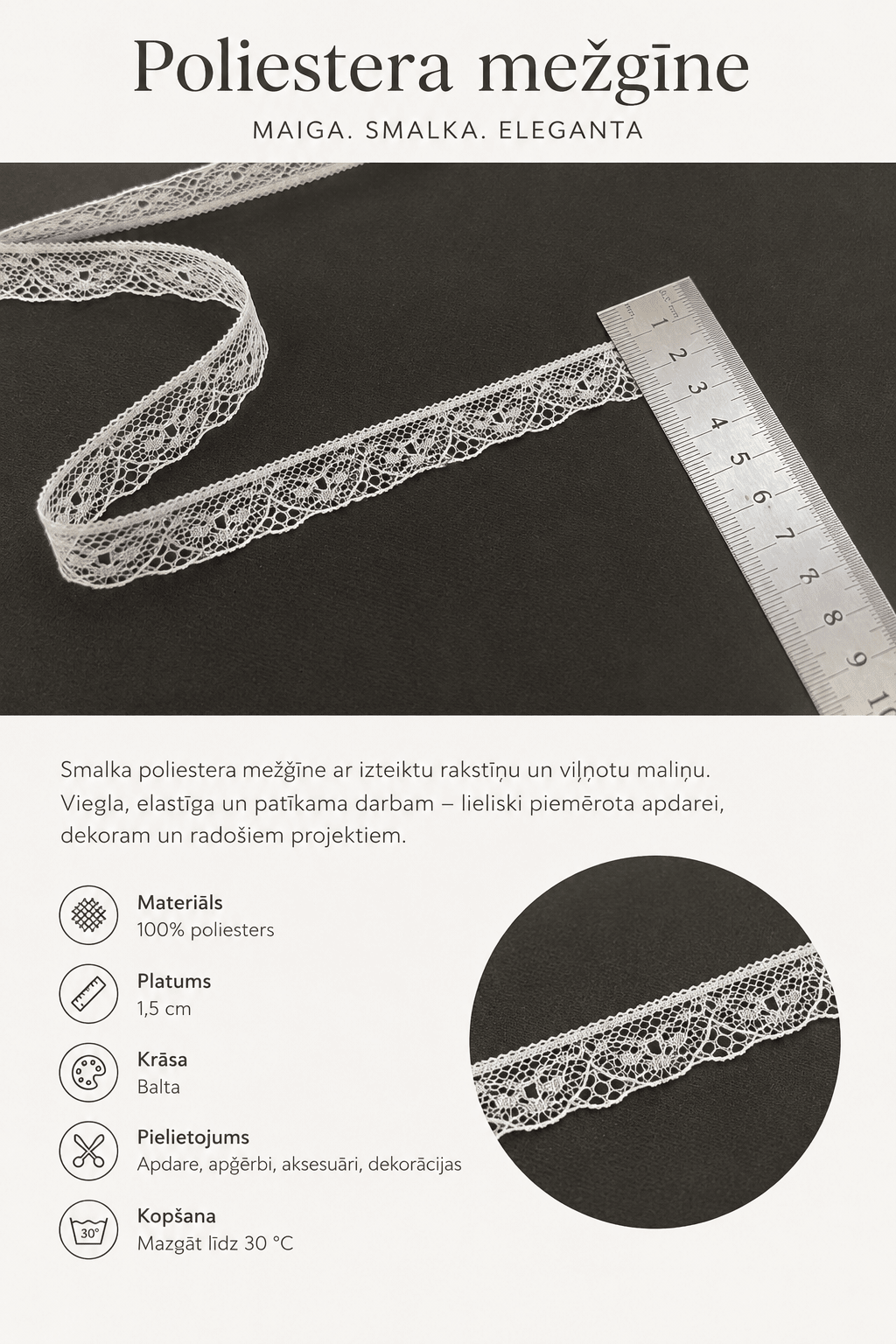 Fine lace, 1.6 cm, white – available online at Šarlotes audumi
