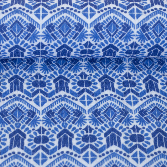 Attēls ar Muslīns - zils ģeometrisks raksts 130 g/m² – pieejams Šarlotes audumi