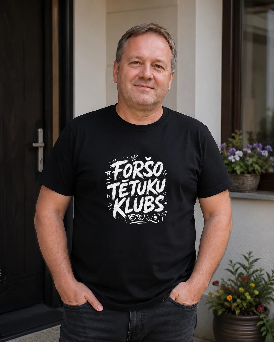 Nuotrauka su organinės medvilnės T marškinėliais „Foršo tėtukų klubas“ – prieinami internetu Šarlotės audiniai