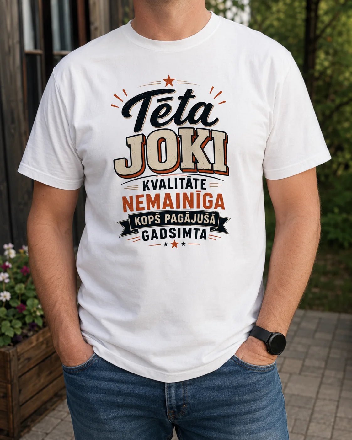 Nuotrauka su organinės medvilnės marškinėliais „Tėčio juokeliai“ – galima įsigyti internetu Šarlotės audiniai