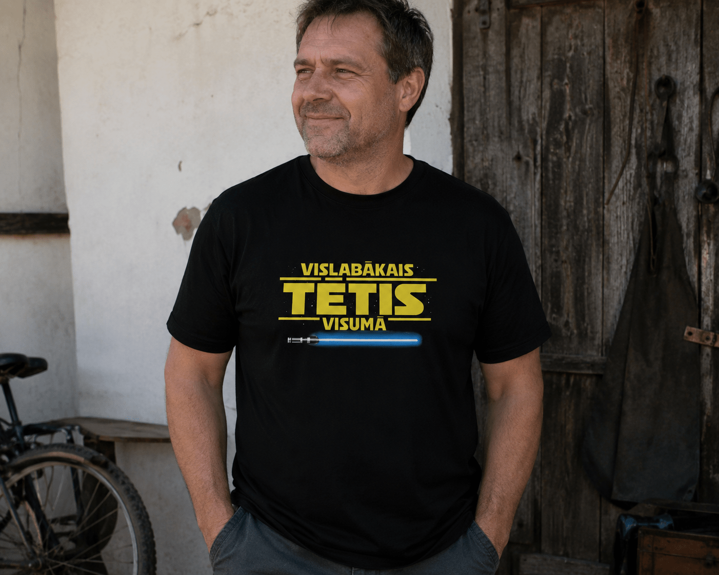 Paveikslėlis su ekologiškos medvilnės T-marškinėliais „Geriausias tėtis visatoje“ – prieinama internetu Šarlotes audumi