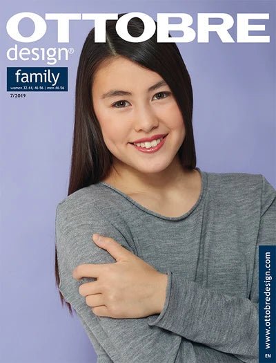 Attēls ar OTTOBRE Design Family – šūšanas žurnāls ar piegrieztnēm angļu valodā – pieejams internetā Šarlotes audumi