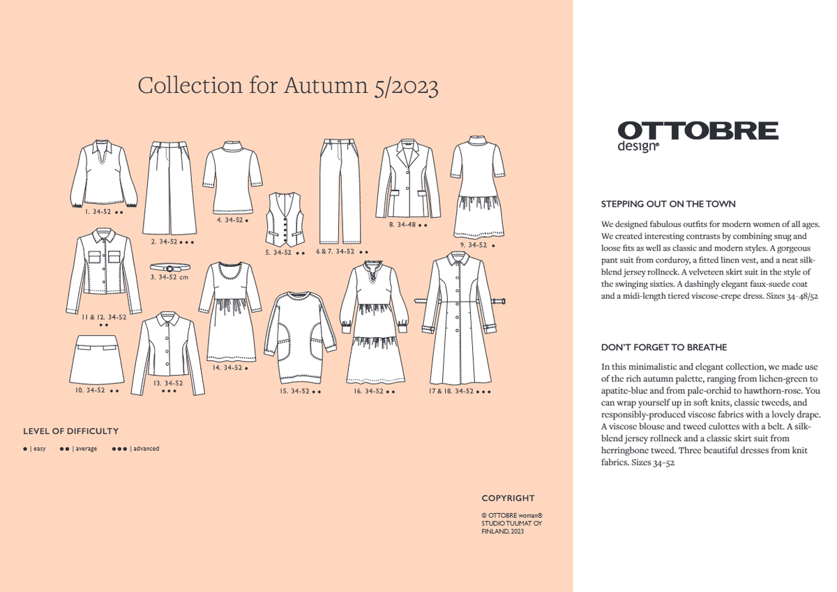 OTTOBRE design Woman 5/2023 – angliškas moteriškų drabužių iškarpų žurnalas, kurį galima įsigyti internetu „Šarlotes audumi“