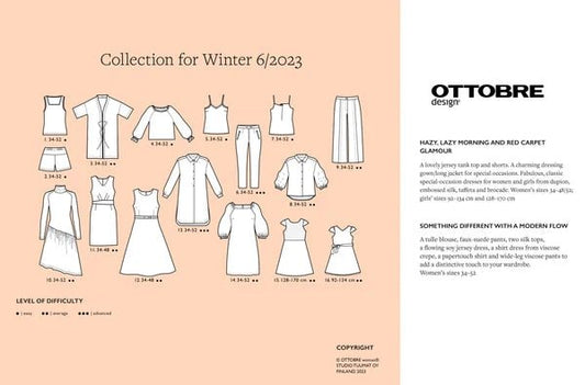 Attēls ar OTTOBRE design Woman 6/2023 – sieviešu apģērbu piegrieztņu žurnāls angļu valodā – pieejams internetā Šarlotes audumi