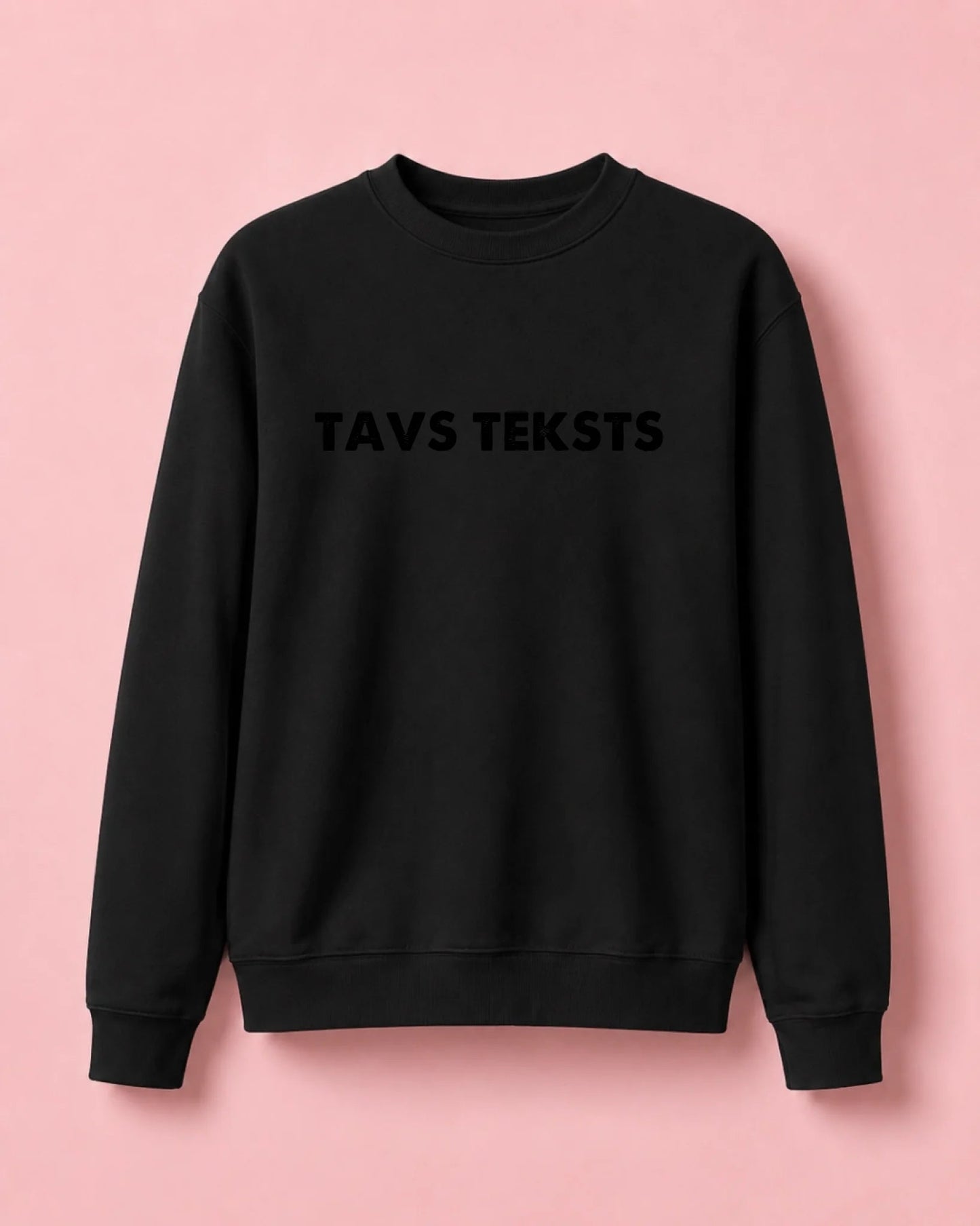 Personalizuotas džemperis su tavo tekstu – juodas, prieinamas internetu Šarlotės audiniai