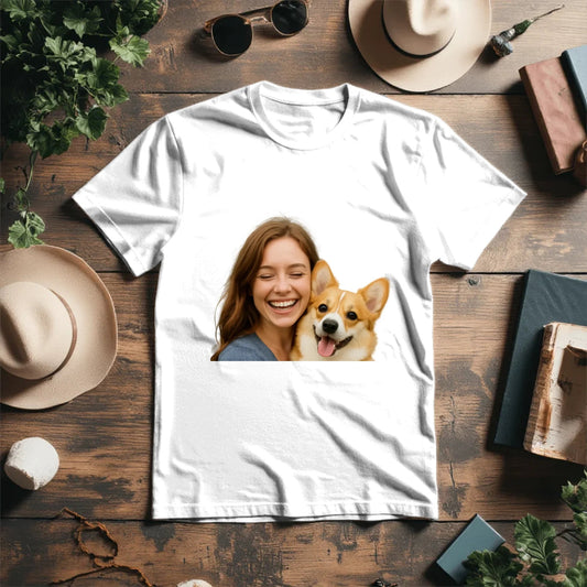Image d’un T-shirt personnalisé avec votre photo et celle de votre animal – disponible chez Šarlotes audumi