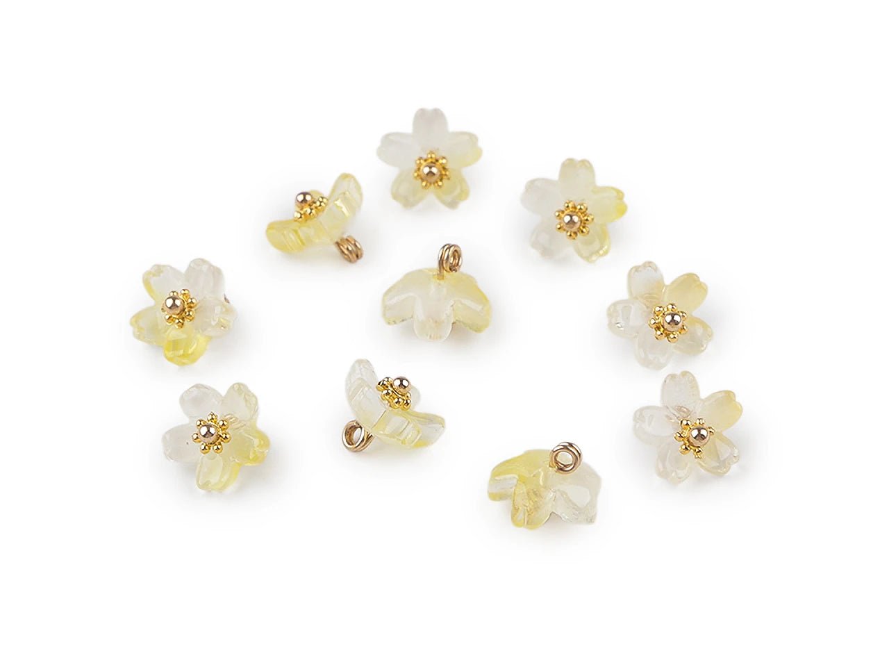 Attēls ar Plastmasas pogas, pērlītes – ziediņi ar metāla vidiņu Ø10 mm| dažadu toņu – pieejams Šarlotes audumi