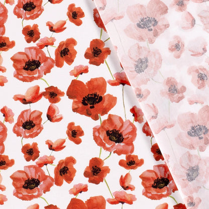 Tissu premium 100 % coton à coquelicots sur fond blanc 110 g/m²