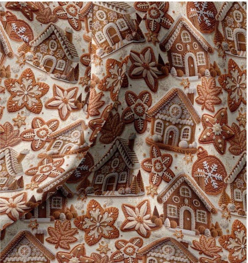 Attēls ar Premium 100% kokvilnas audums - piparkūku namiņi 115 g/m² – pieejams Šarlotes audumi