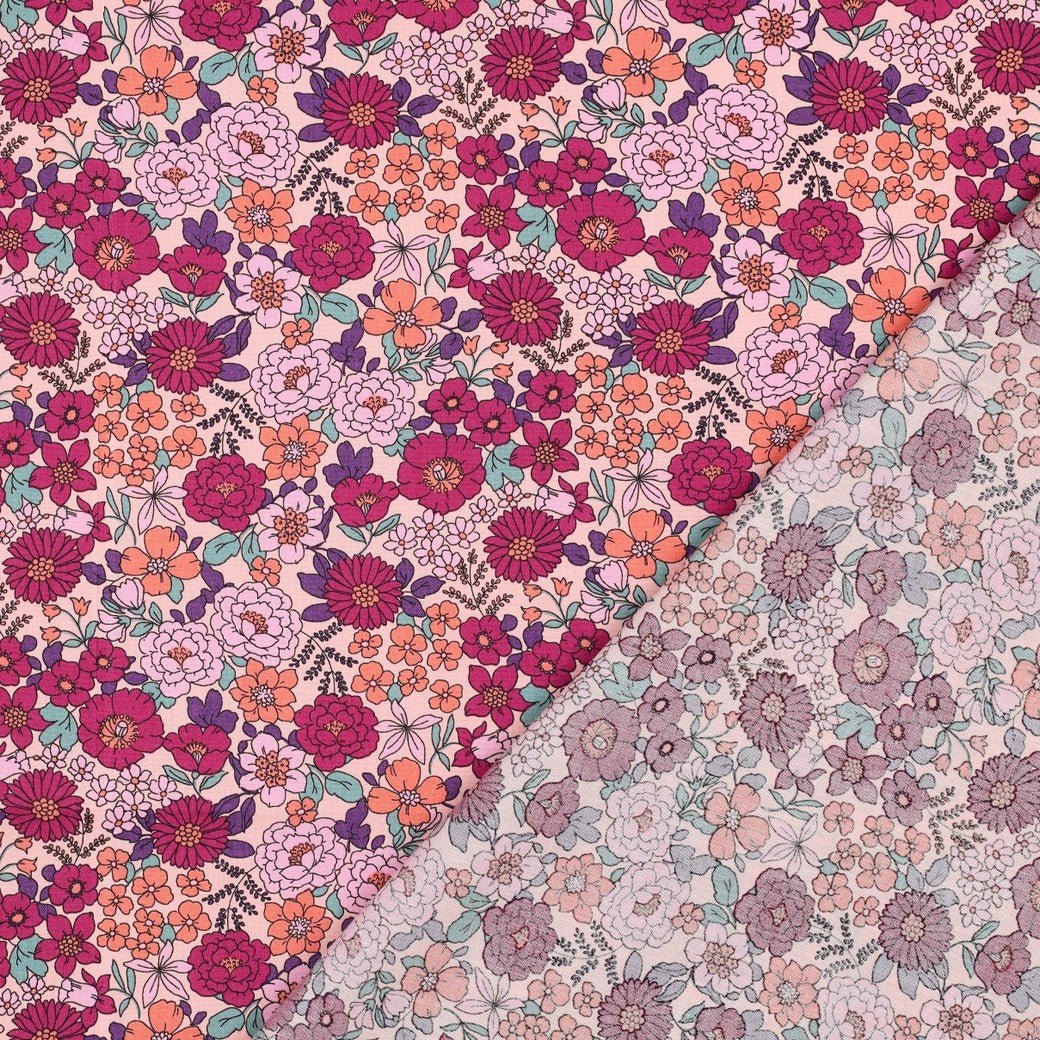 Premium 100% cotton fabric with pink floral pattern, 110 g/m² – available at Šarlotes audumi