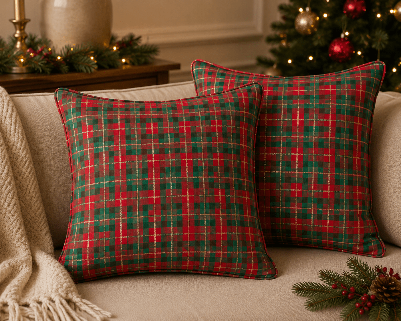 Image of premium 100% cotton fabric - Scottish plaid with gold accents 120 g/m² – available online at Šarlotes audumi