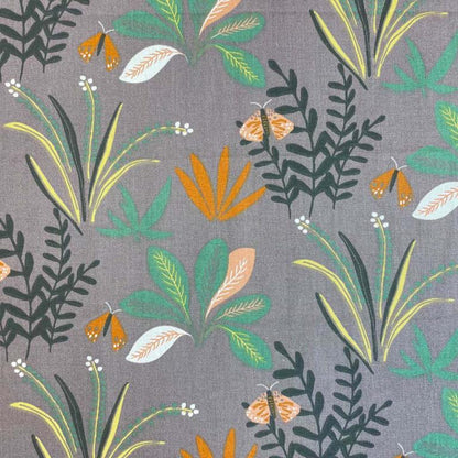 Tissu premium 100 % coton - motif tropical sur fond gris 115 g/m²
