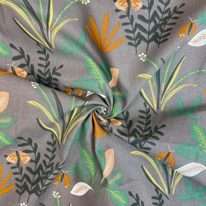 Tissu premium 100 % coton - motif tropical sur fond gris 115 g/m²