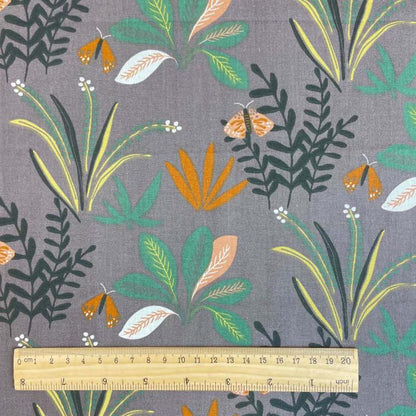 Tissu premium 100 % coton - motif tropical sur fond gris 115 g/m²