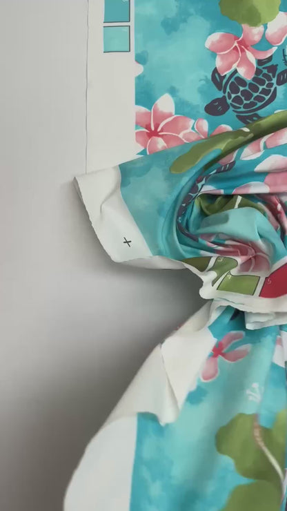 French fabric with tropical floral pattern in blue-green tones – 160 g/m²