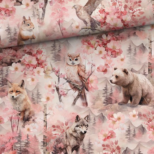 Medvilninis kilpinis trikotažas – rausva miško pasaka 250 g/m²