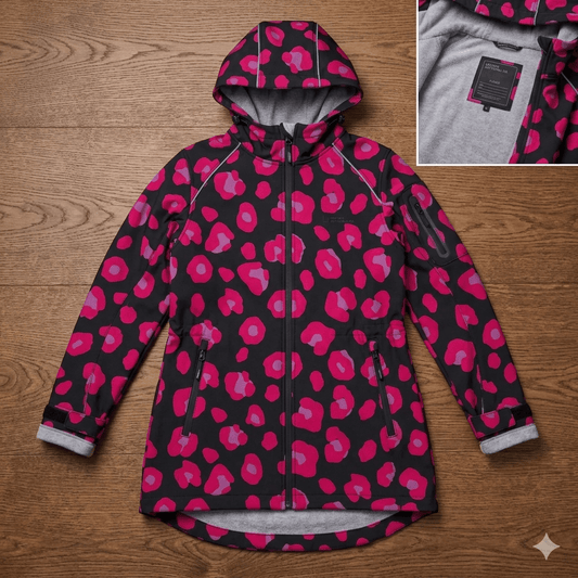 Attēls ar Softshell audums - fuksijas leopards 310 g/m² – pieejams Šarlotes audumi