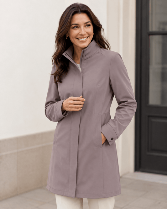 Softshell water-resistant fabric in gray-pink – available online at Charlotte’s Fabrics