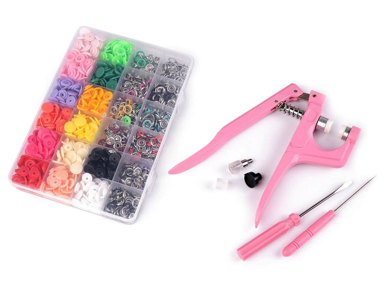 Attēls ar Spiedpogu komplekts ar knaiblēm – pilns starta komplekts šūšanai – pieejams Šarlotes audumi