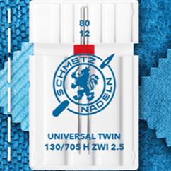 Aiguille double universelle pour machine à coudre SCHMETZ UNIVERSAL TWIN ZWI - n° 2,5/80 (1 pièce) – disponible chez Šarlotes audumi