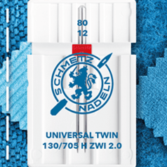 Image d’une aiguille double universelle pour machine à coudre SCHMETZ UNIVERSAL TWIN ZWI - n° 2/80 (1 pièce) – disponible chez Šarlotes audumi