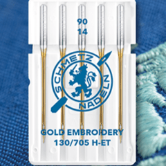 Attēls ar Šujmašīnu adatas izšūšanai SCHMETZ EMBROIDERY GOLD NEEDLES - Nr.90 (5gab.) – pieejams Šarlotes audumi