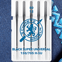 Attēls ar Šujmašīnu adatas universālās SCHMETZ BLACK SUPER UNIVERSAL–Nr.80 (5gab.) – pieejams Šarlotes audumi