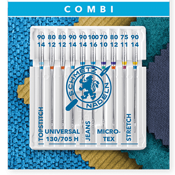 Attēls ar Šujmašīnu adatu komplekts SCHMETZ COMBI 10 TOPSTITCH/UNIVERSAL/JEANS/MICROTEX/STRETCH (10gab.) – pieejams Šarlotes audumi