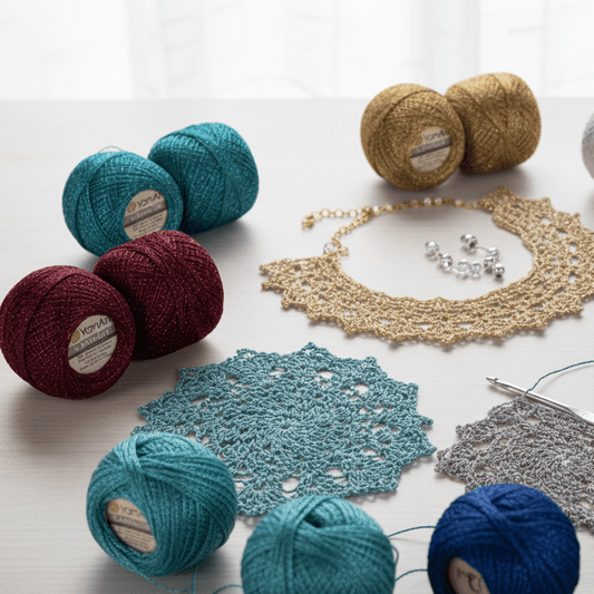 Attēls ar Tambordiegi YarnArt Camellia ar spīduma pavedieniem - 20g / 192m – pieejams Šarlotes audumi