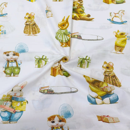 Tissu 100 % coton avec animaux et cadeaux, 130 g/m²
