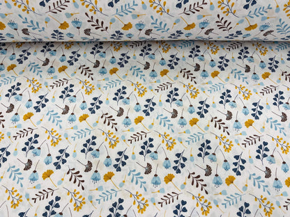Tissu 100 % coton à petits motifs de fleurs bleues 125 g/m²