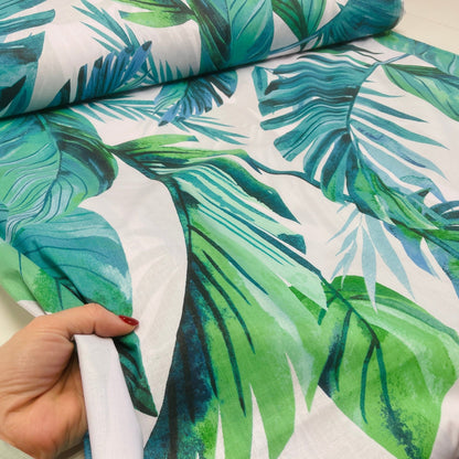 100 % tissu en coton - feuilles de palmier bleu-vert 125 g/m²