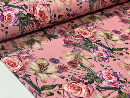 Jersey de coton fin, roses et lis 220 g/m²