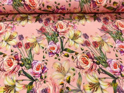 Jersey de coton fin, roses et lys, 220 g/m²